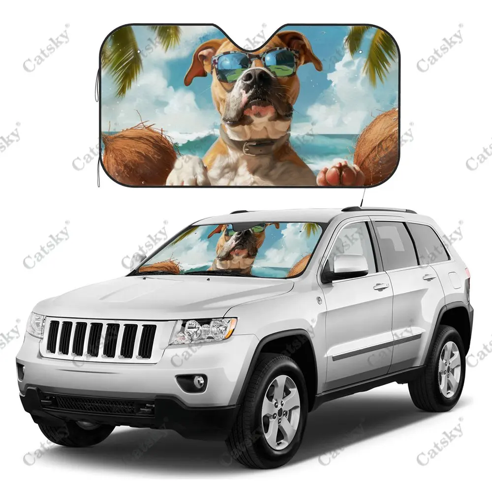 Beach Coconut Vacation Dog Car Windshield Sunshade, Auto Accessories Front Windshield Sun Visor Blocks Uv Rays Protect Decor