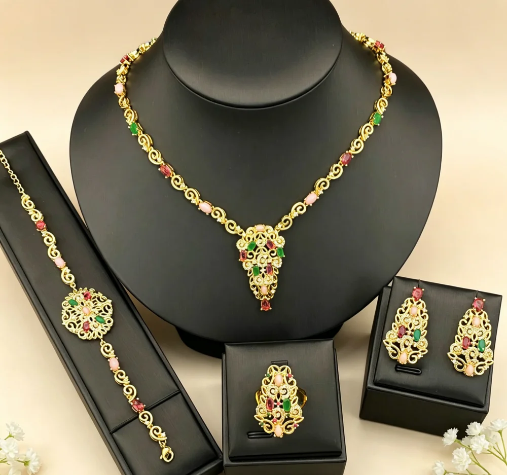 

Falair Women's Gold Plated Copper Zircon Jewelry Set Sparkling Light Luxury Wedding Gift with Necklace Bracelet Earrings Ring