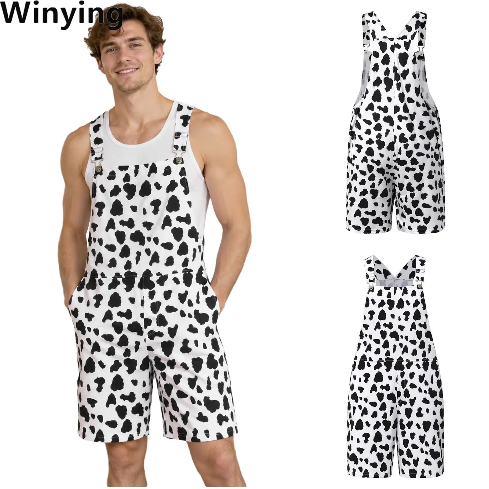 Men Cow Print Bib Overalls Adjustable Shoulder Straps Rompers Thigh Length Jumpsuit with Pockets for Holiday