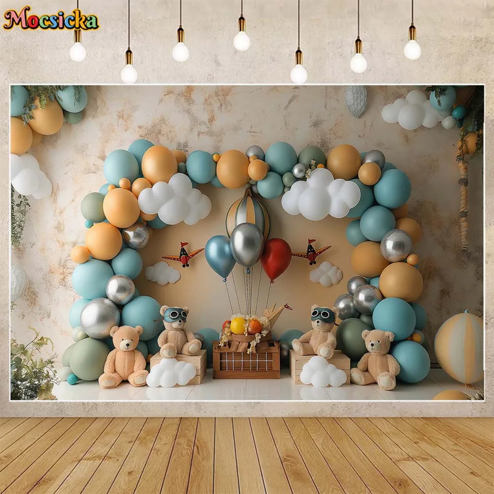 

Mocsicka Baby Kids Photo Background Arch Balloon Bear Newborn Photography Props Boys Birthday Cake Smash Party Backdrop Shooting