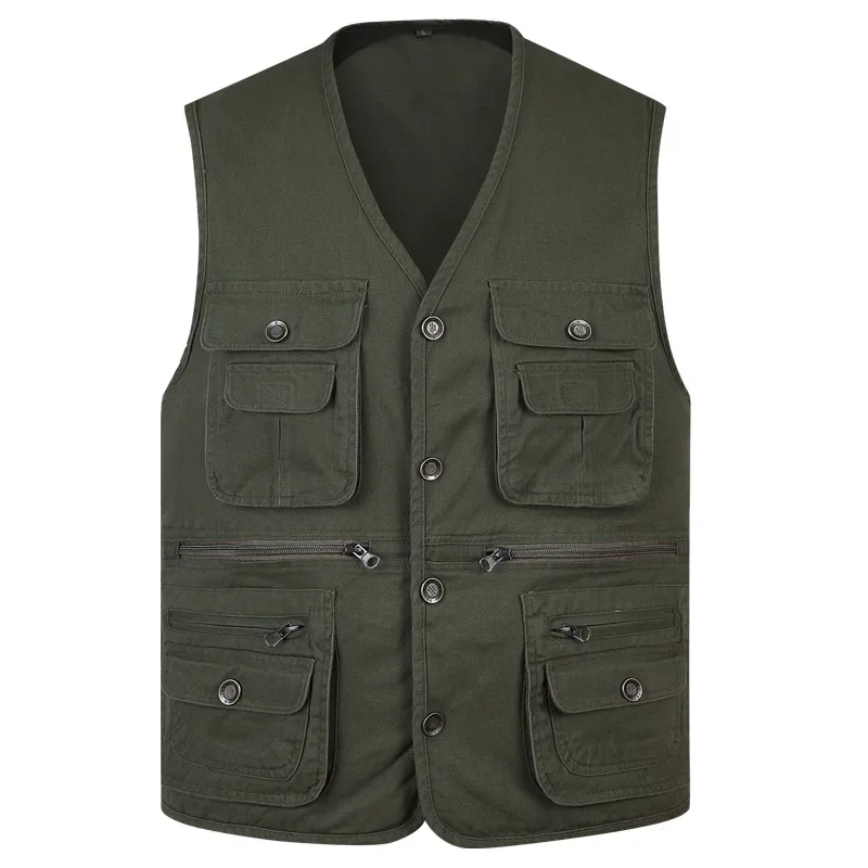 LIBIELIY New Classic Summer Men Vest Cotton Button Multi Pocket Sleeveless Jacket Coat Solid Color Outdoor Fishing Waistcoat Plu