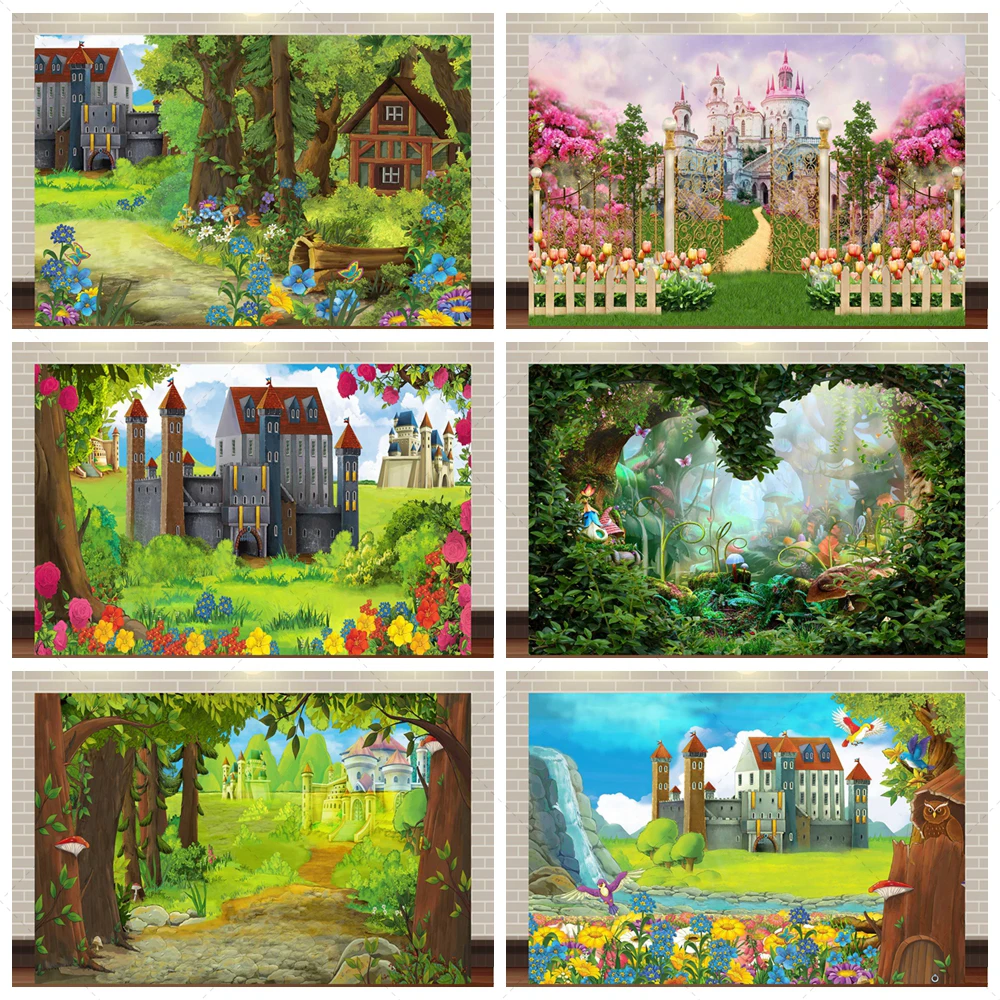 

Green Forest Fairy Tale Forest Cartoon Castle Children's Performance Story Hanging Cloth Decoration Scene Layout Background