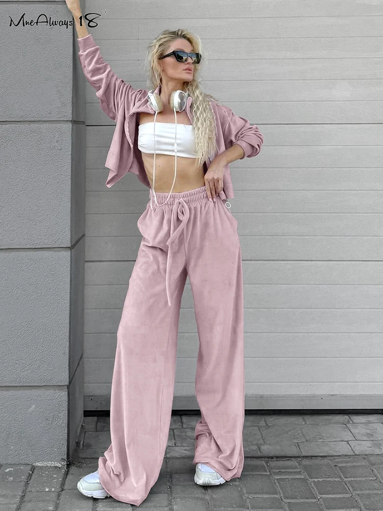 Mnealways18 Velvet Gray Sporty Pants Sets Two Pieces Casual Hooded Sweatshirts And Wide Leg Pants Winter 2024 Loose Outfits Lady