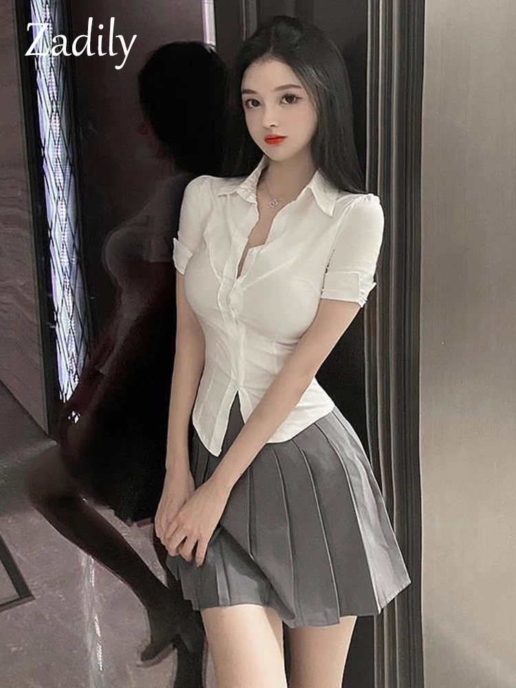 Zadily 2023 Summer Korean Style Short Sleeve Slim White Shirt Women Sexy Office Waist Tight Ladies Blouse New In Clothing Tops