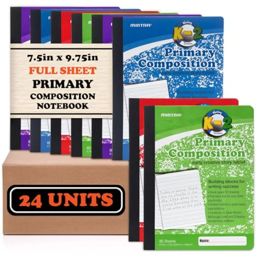 

Mintra Primary Composition Notebook, 2 6-, Assorted Colors, 80 Sheets, 7.5in x 9.75in, Full Sheet, Ruled with Drawing Area, Fle