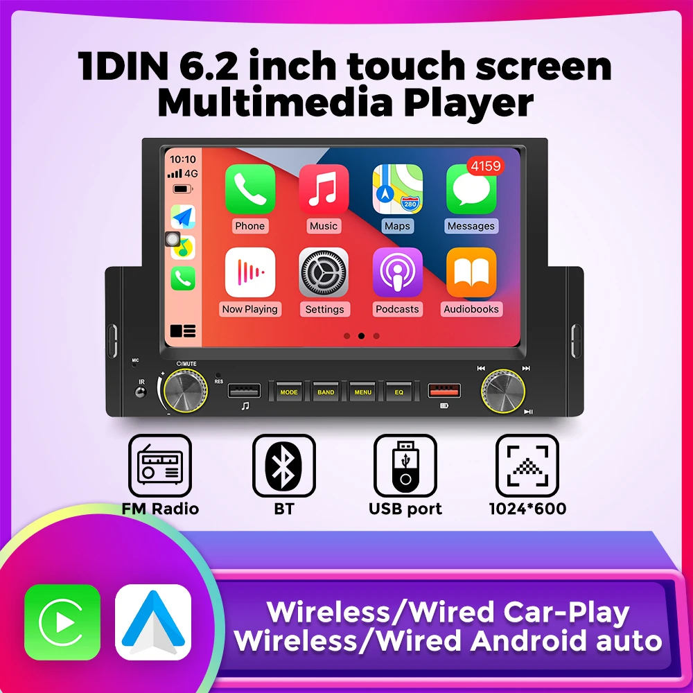 

6.2 Inch Touch Screen Car MP5 Multimedia Player with Camera FM Receiver with TF/BT Input Carplay Android Auto Autoradio Stereo