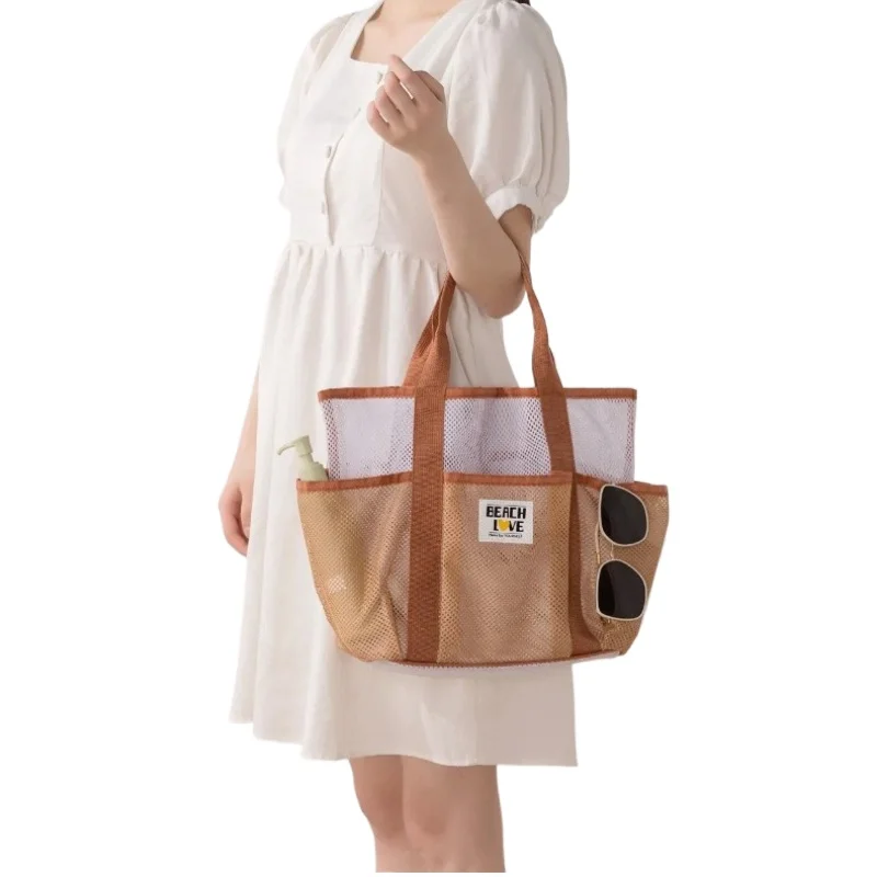 Novos sacos de praia com vários estilos, sacos de armazenamento de bolso de grande capacidade, sacolas, sacos de natação de malha de viagem portáteis.