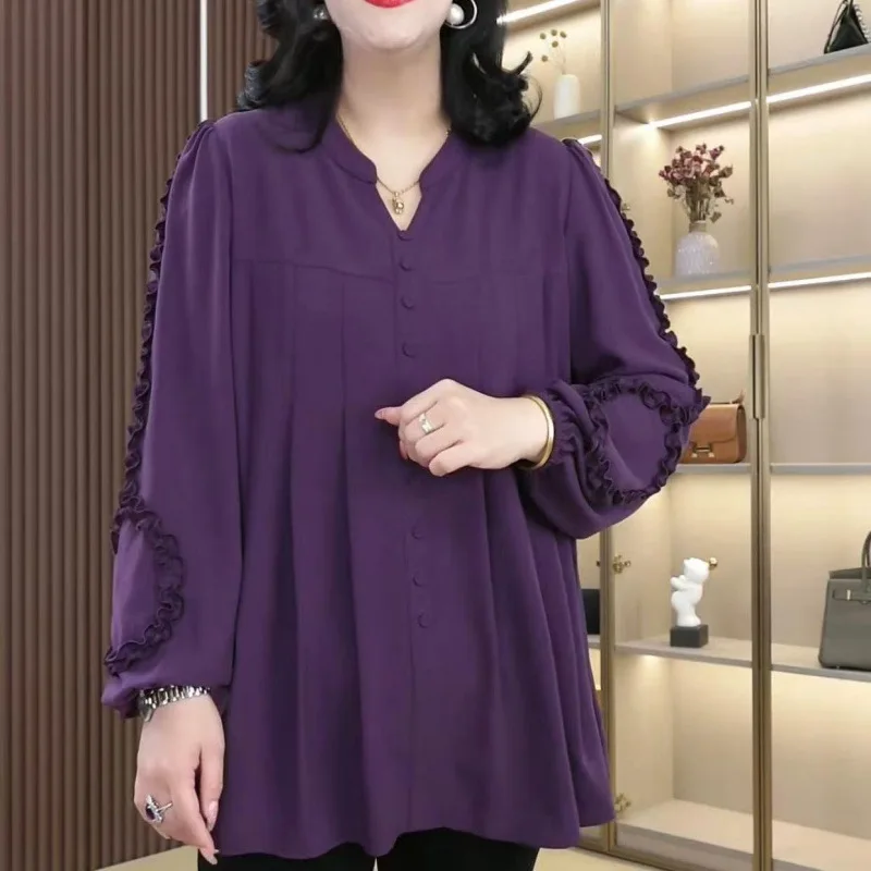 

Women's 2025 Spring New Loose Fashion Casual Shirt Top Elegant Solid Color Button Pullover