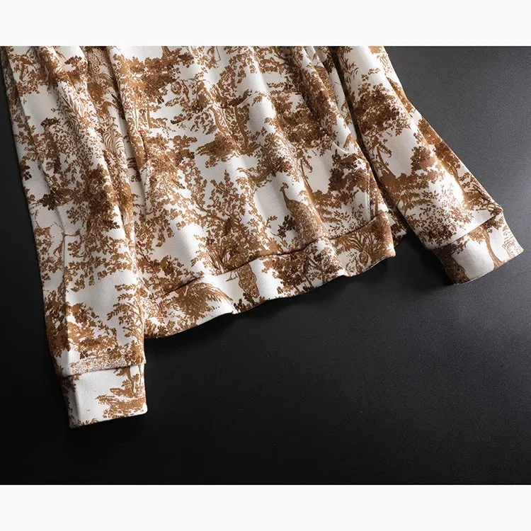 Cotton Thick Elastic Yellow Animal Forest Printed Sweatshirt Long Sleeve Casual Sweatshirt Women's Spring Loose Large Size