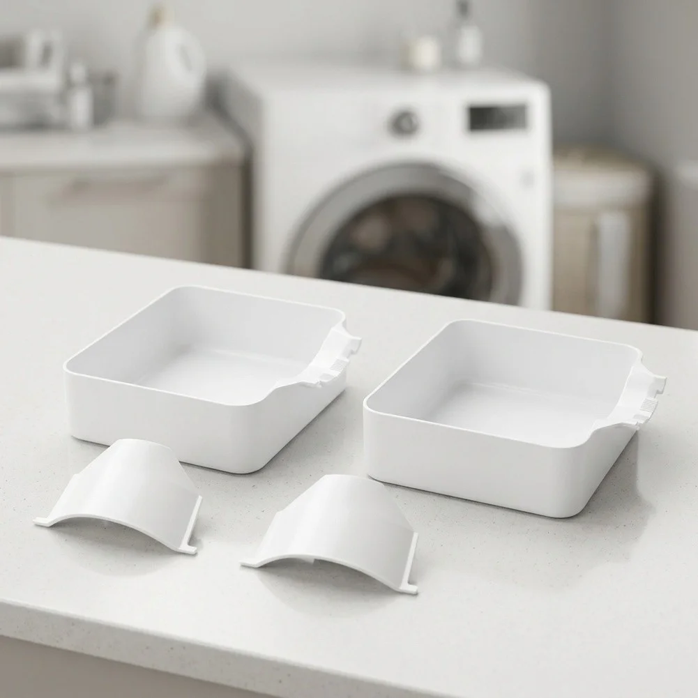 White Plastic Drain Pan for Washing Machine Filter Replacement Process 17.8cm x 17.8cm x 5cm Compact Laundry Accessory