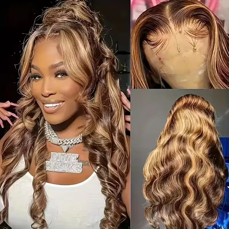 

4/27 Highlight Transparent 13×6 Blond Body Wave Human Hair Wigs Pre Plucked 100% Brazilian Lace Frontal Wigs For Women Color Wig