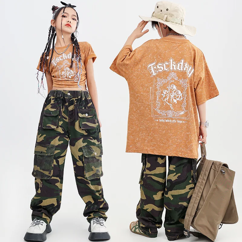 Kid Hip Hop Dull Orange Letter Print T Shirt Casual Camo Muliti Flap Pockets Cargo Pants for Girl Boy Jazz Dance Costume Clothes