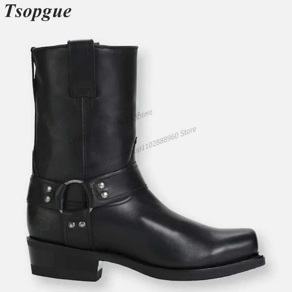 

Mid Calf Black Leather Belt Square Toe Men's Boots Shoes For Men Slip On Luxury High Quality Party Casual Fashionable Men Boots
