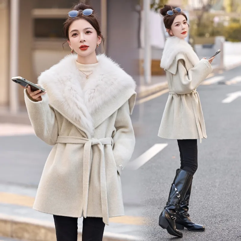 2026 Fashion Double-sided Wool Coat Women's Overcoat Winter Streetwear Big Fox Fur Collar Outerwear Thicken Loose Woolen Coats