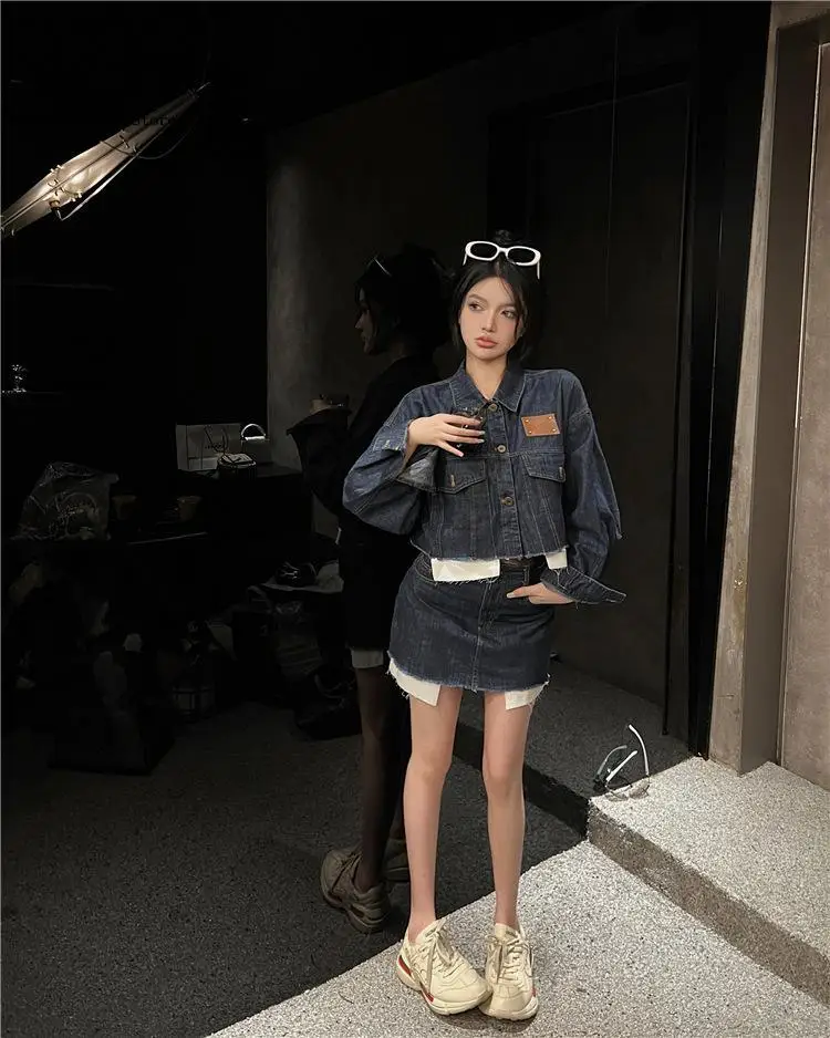 Spring/summer Retro Street Style High Waist A-Line Short Skirt Denim Short Jacket Casual Two Piece Set