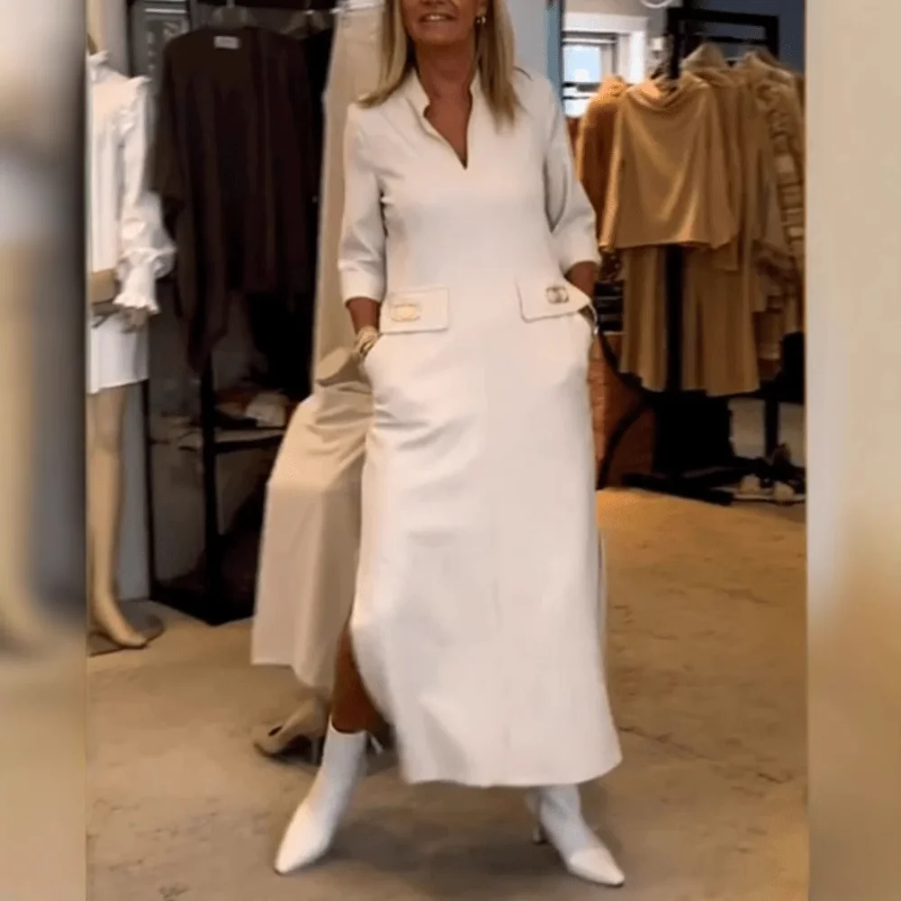 Simple Style Flip Collar Button Pocket Dress Women 2025 Spring New dresses for women