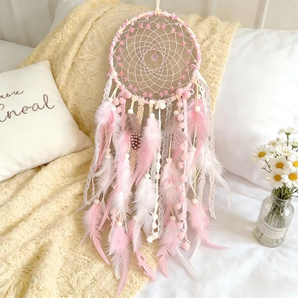 1 pc Pink Lace Dreamcatcher with Feathers, Handmade Boho Wall Hanging, Romantic Nursery & Bedroom Decor for Girls Women