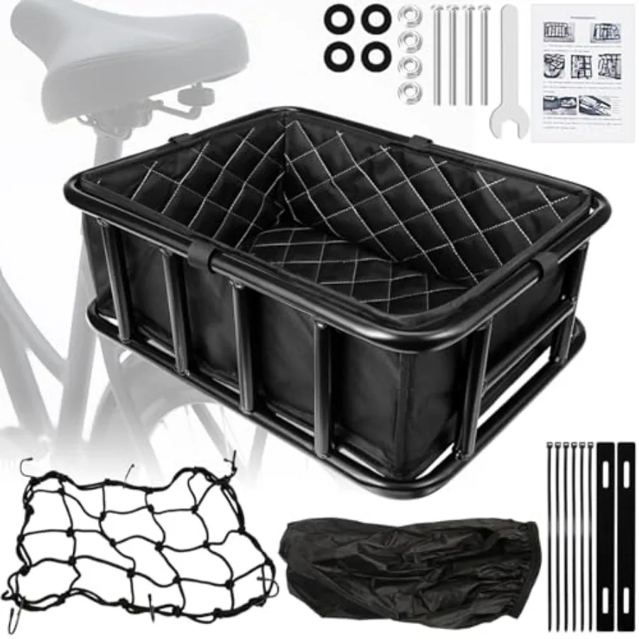 

Bike Basket Rear Bicycle Basket with Liner Bag Waterproof Cover and Cargo Net Heavy Duty Large Bike Basket for Most Bikes and E