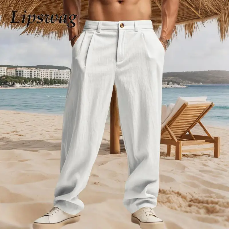

Stylish Loose Straight Linen Trousers Spring Summer Men Outdoor Fashion Breathable Trousers Vintage Mens Solid Color Linen Pant