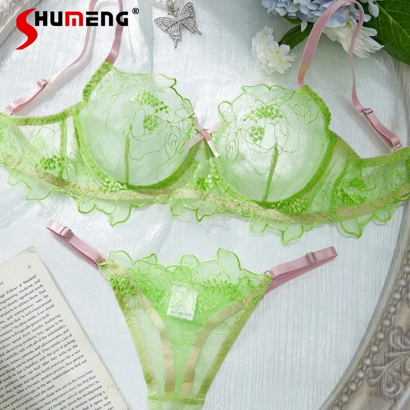 

Transparent Bra Sexy Lingerie Outfits for Women Embroidered Brief Sets with Underwire Lady Push Up Ultra Thin Cup Underwear