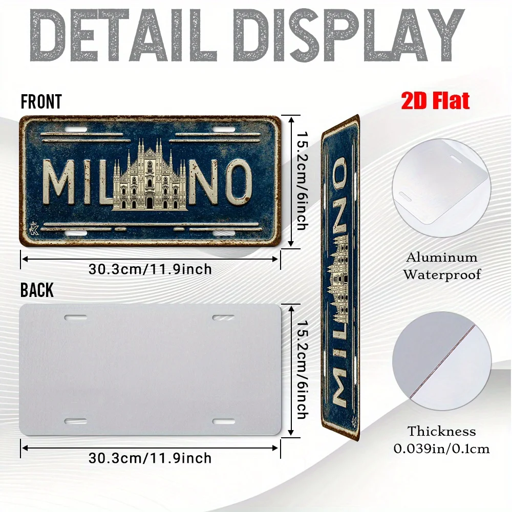 2D Flat, 1pc, Italian Vintage  Aluminum Sign, Outdoor Wall Decor , Milan Vintage Wall Art Sign for Garage, Front Yard, Gate
