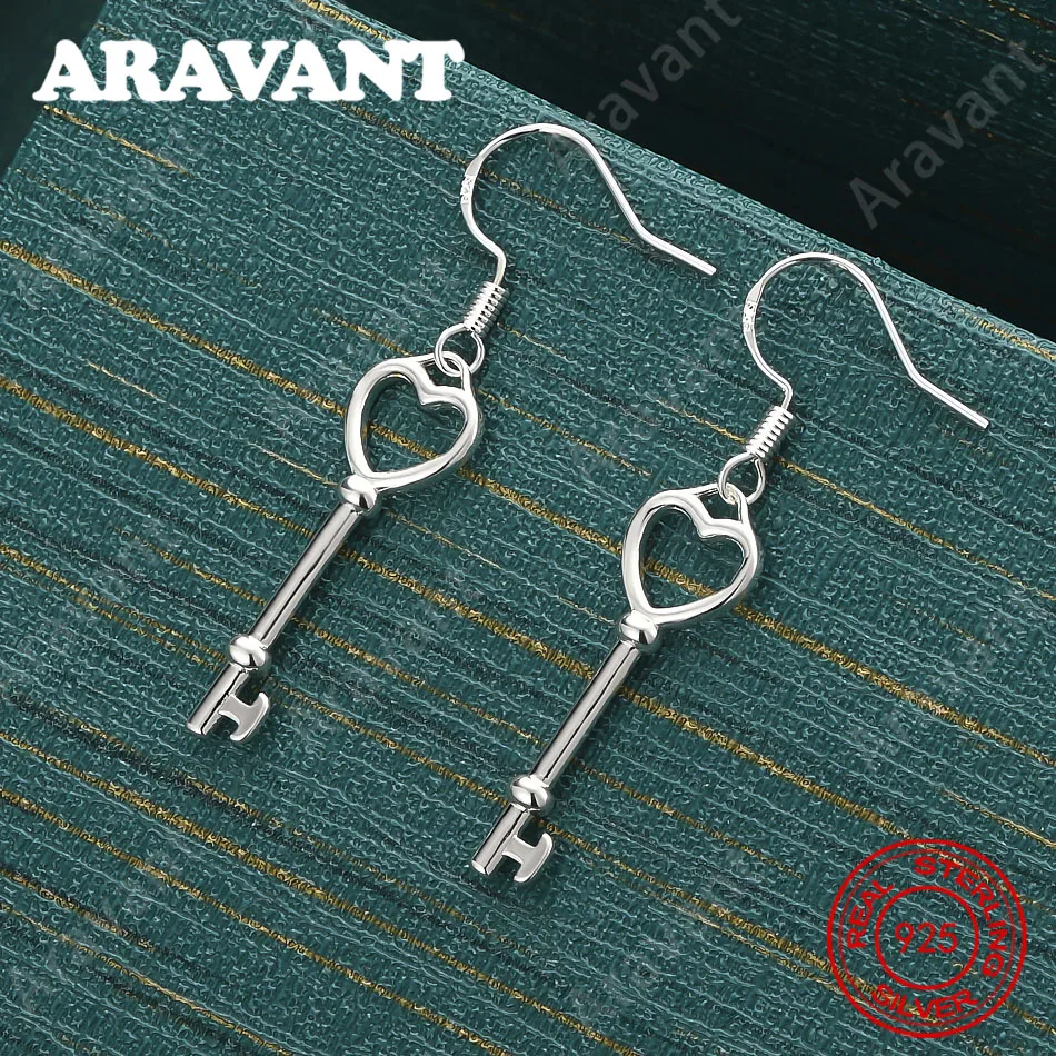 

925 Sterling Silver Heart-Shaped Key Long Earrings, Everyday Accessory For Women, Simple And Elegant Jewelry