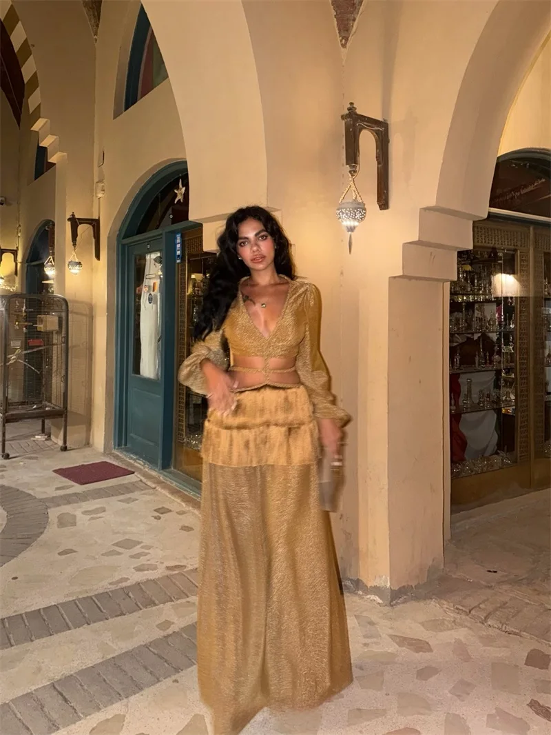 Luxury Golden Shiny Prom Dress V Neck Full Sleeves Hallow Tassel Long Party Gown Formal Bridal Wedding Birthday Evening Robe - view 4