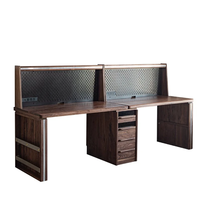 

Black walnut log double desk bookcase integrated, solid wood computer home, office study table against the wall