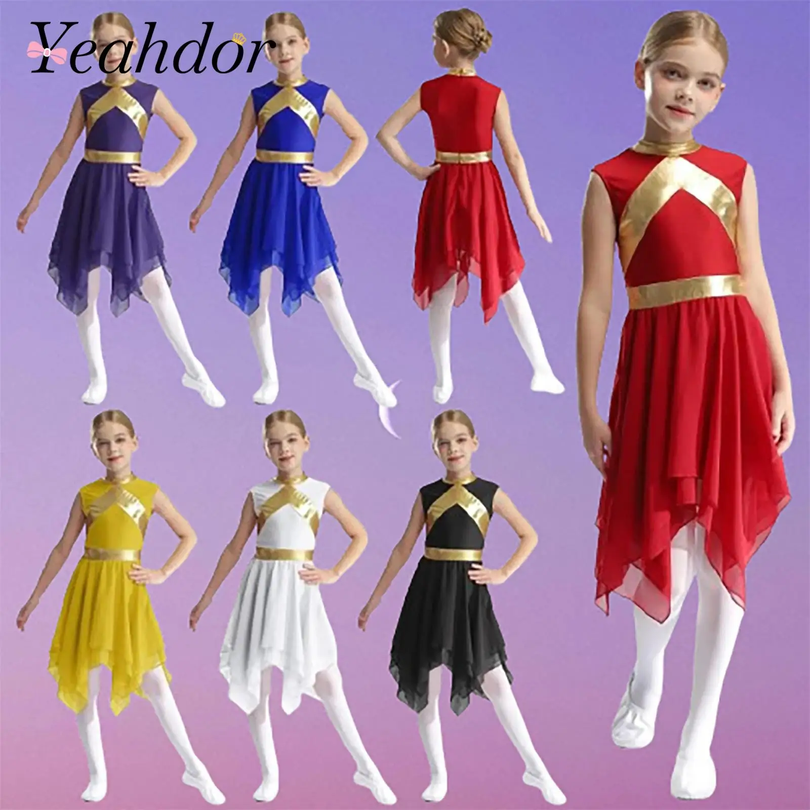 

Praisewear Kids Girls Sleeveless Lyrical Dance Dress Metallic Color Block Performance Dress Liturgical Choir Worship Costume