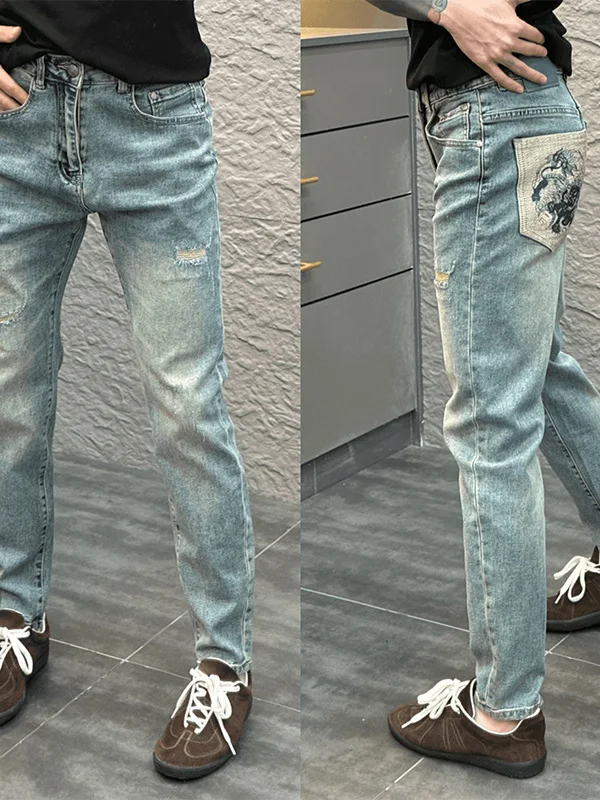 

Faionable Embroidered Slim Fit Jeans Men's Casual Pants Luxury Lightweight Spring New Sle Comfortable Stretchy Denim Jeans