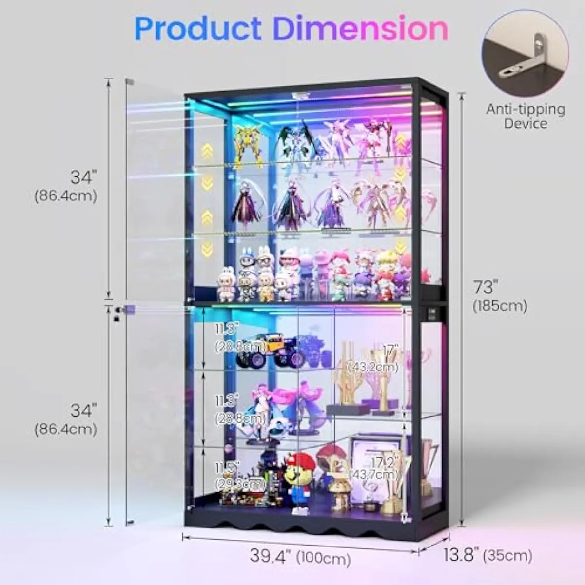 73' 8-Tier Large Glass Display Cabinet with RGB Lights for Collectibles
