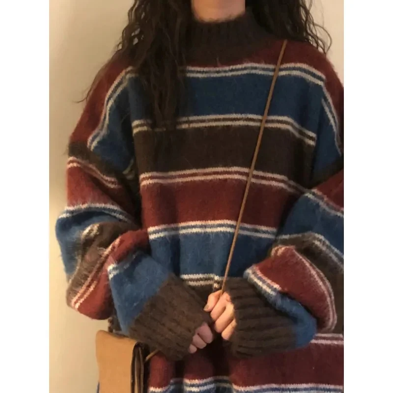 Soft and Glutinous Soft Stripes Lazy Autumn and Winter 2023 New Japanese Sweaters Women's Loose Retro Knitwear Coat Thick