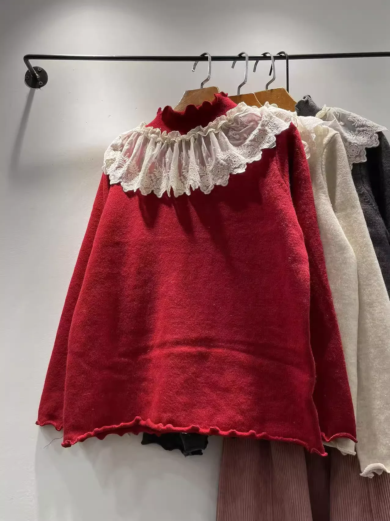 

Mori kei clothing Japanese style lace patchwork pullover sweater for women winter sweet red beige gray knit sweater