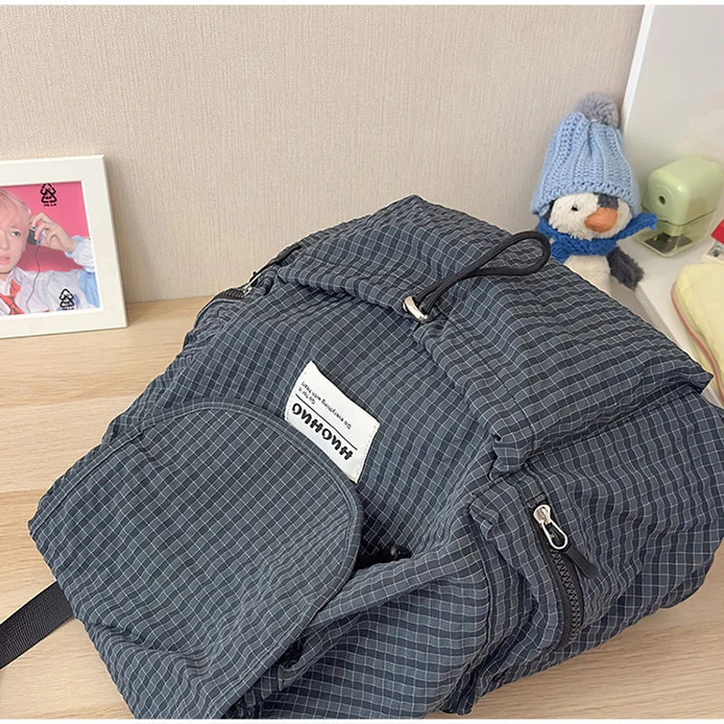 Modischer Rucksack, koreanischer Karo-Rucksack mit Kordelzug für Studenten, Unisex-Schultasche, leichter Damenrucksack mit großer Kapazität – Detail 4