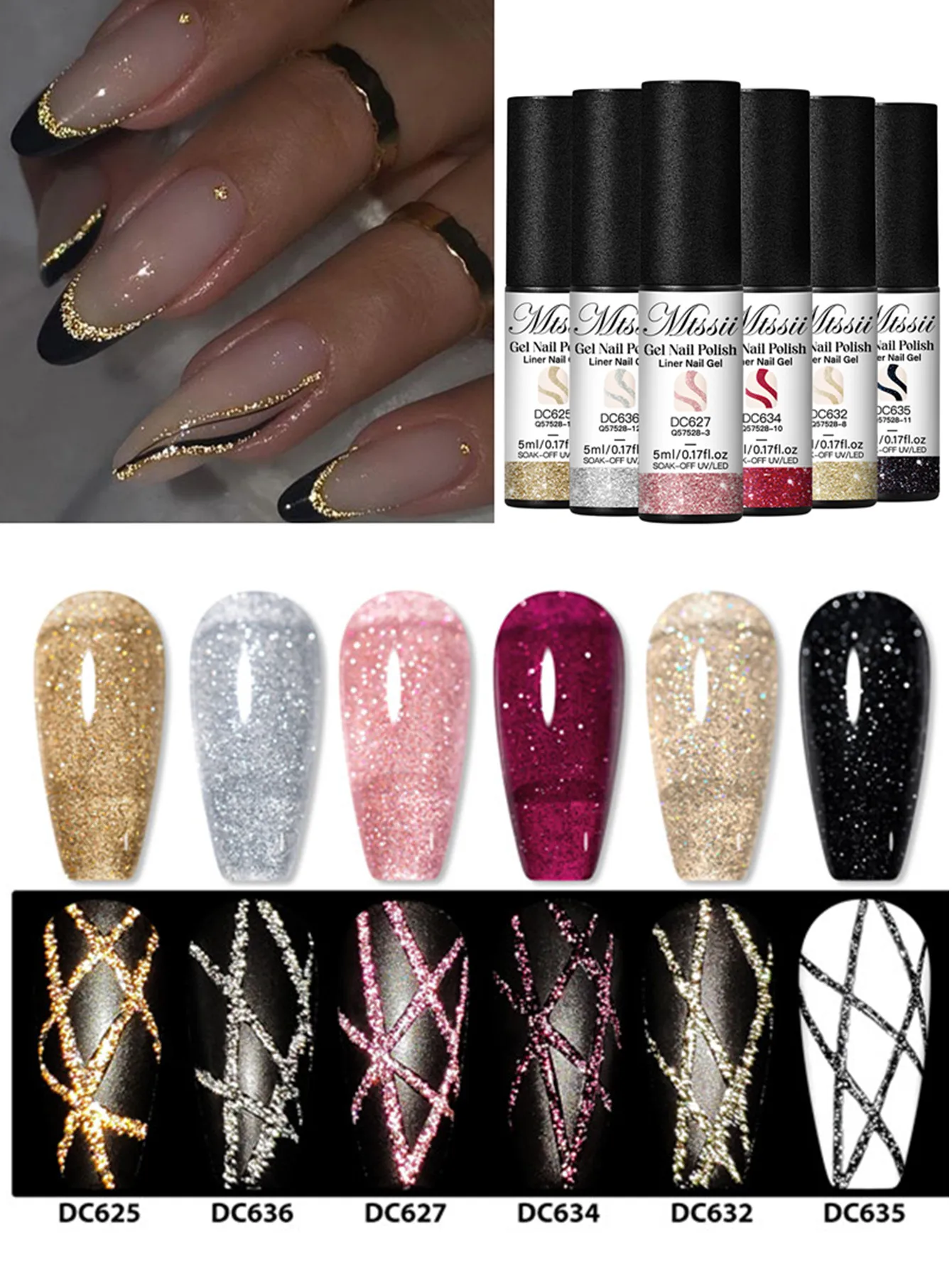 

6pcs Reflective Glitter Liner Gel Nail Polish Set Pull Line Graffiti Painting Stripe DIY French Nails Art Design Painting Gel