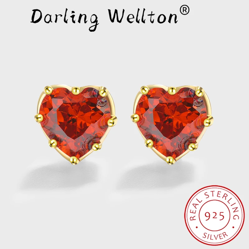 

Trend 18K Gold Ruby Heart Stud Earrings For Women Red Full Diamond Geometric Original Sterling Silver Engagement Bridal Jewelry