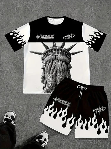 Imagen 1 del producto Moda de verano para hombre, nueva camiseta con estampado de Estatua de la libertad, cómoda y transpirable, conjunto de pantalones cortos con cuello redondo, ropa informal para exteriores