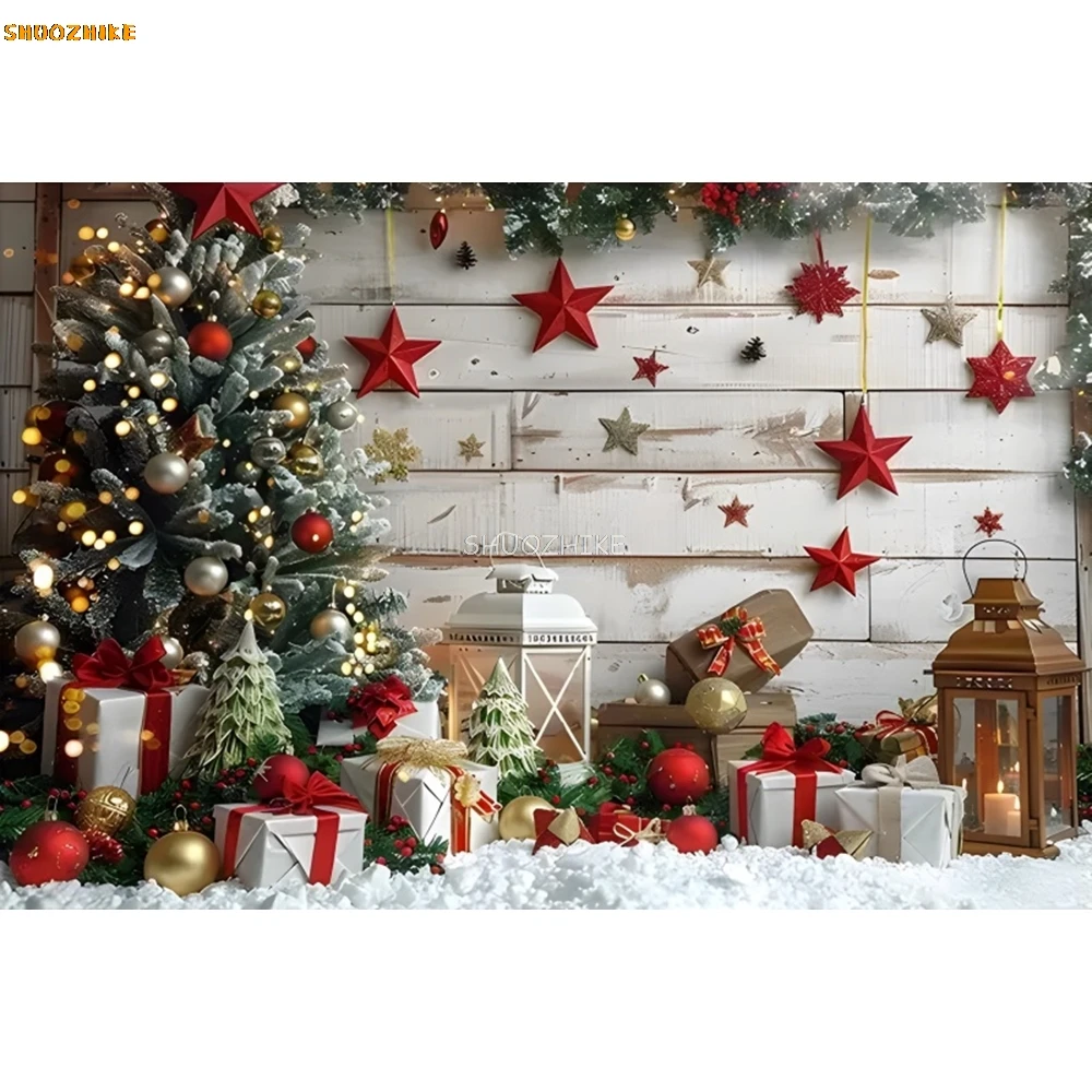 Sfondo natalizio con tavola di legno, albero di Natale, campanelli regalo, parete in legno rustico, fiocco di neve, festa in famiglia, sfondo fotografico per bambini