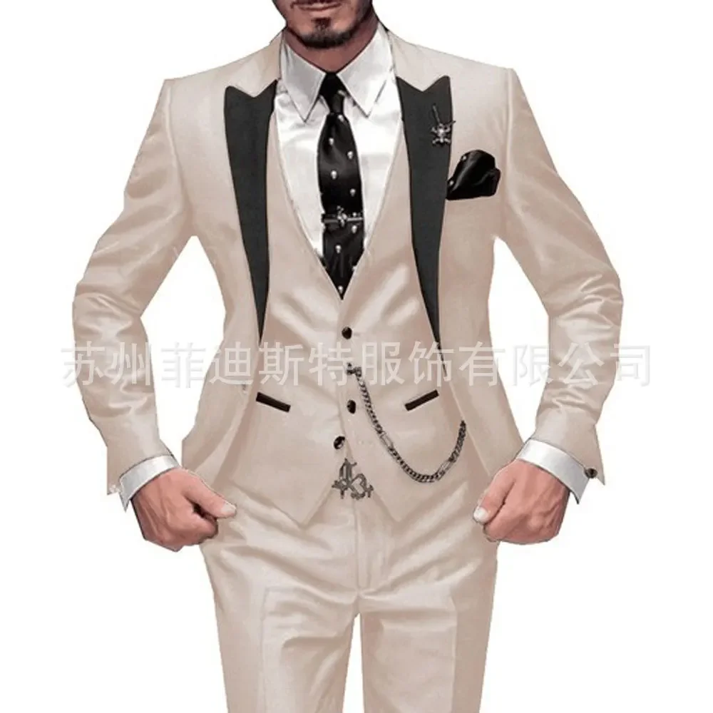 LIBIELIY Fashion Men's 3piece Suit Sets Casual Trendy Business Solid Color Turn-down Collar Sngle Button Blazers Trousers Male C