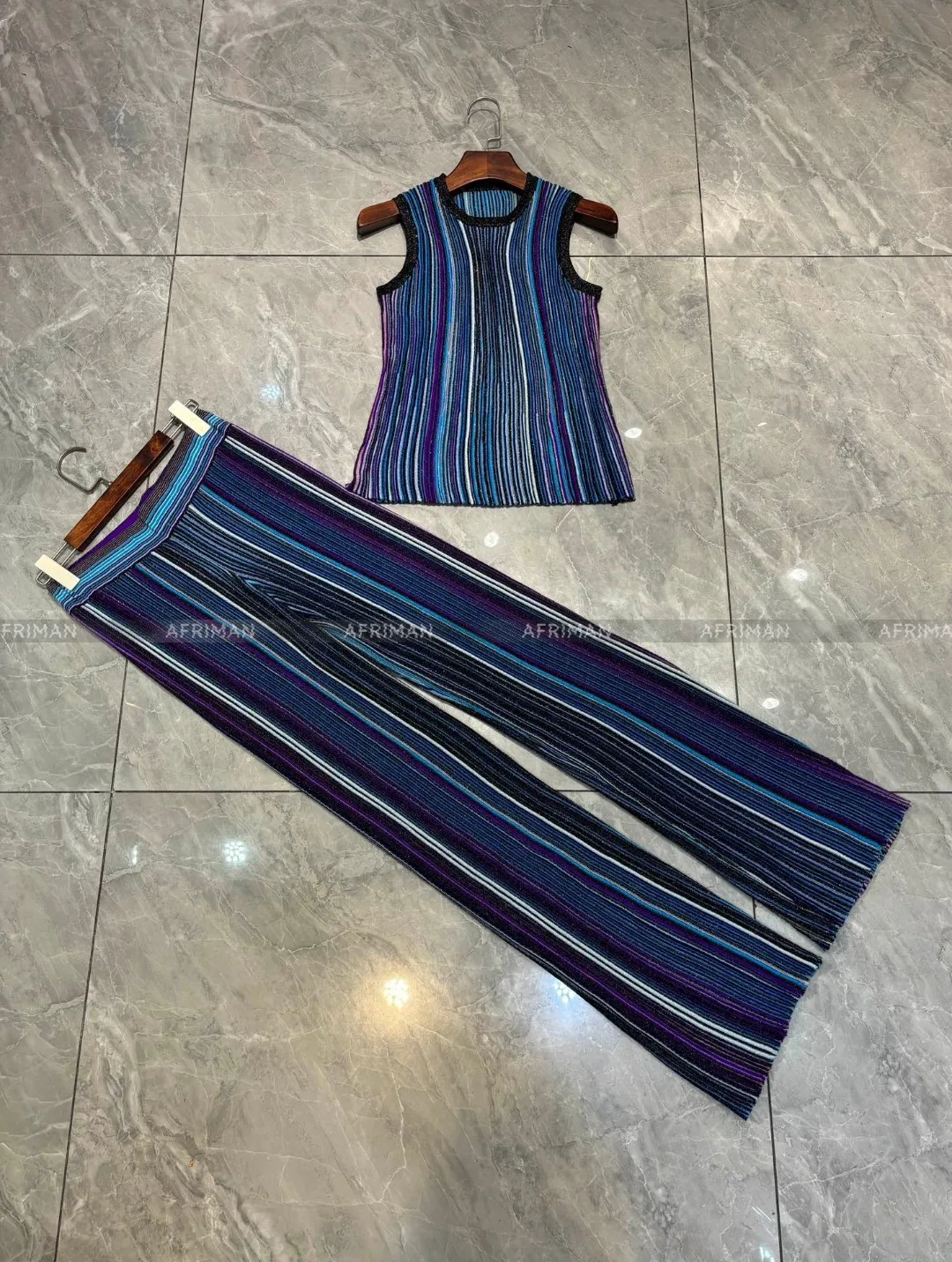 Women Sequin Embellished Colorful Striped Vest Knit Top or Wide Leg Knit Long Pants