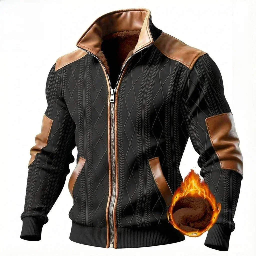 

Men's Casual Fleece Lined Zipper Jacket Autumn Winter New Style Color Block Texture INS2025 Cross Border Men's Fashion Coat