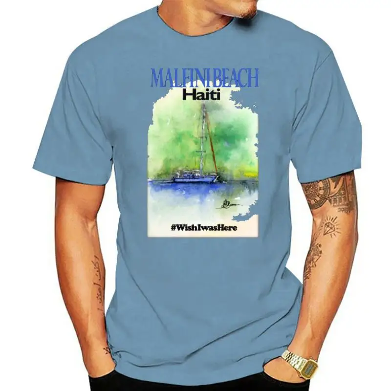 Fitted Sail Boat Malfini Beach Haiti T Shirt Men Unisex Adult T Shirts O-Neck Short Sleeve