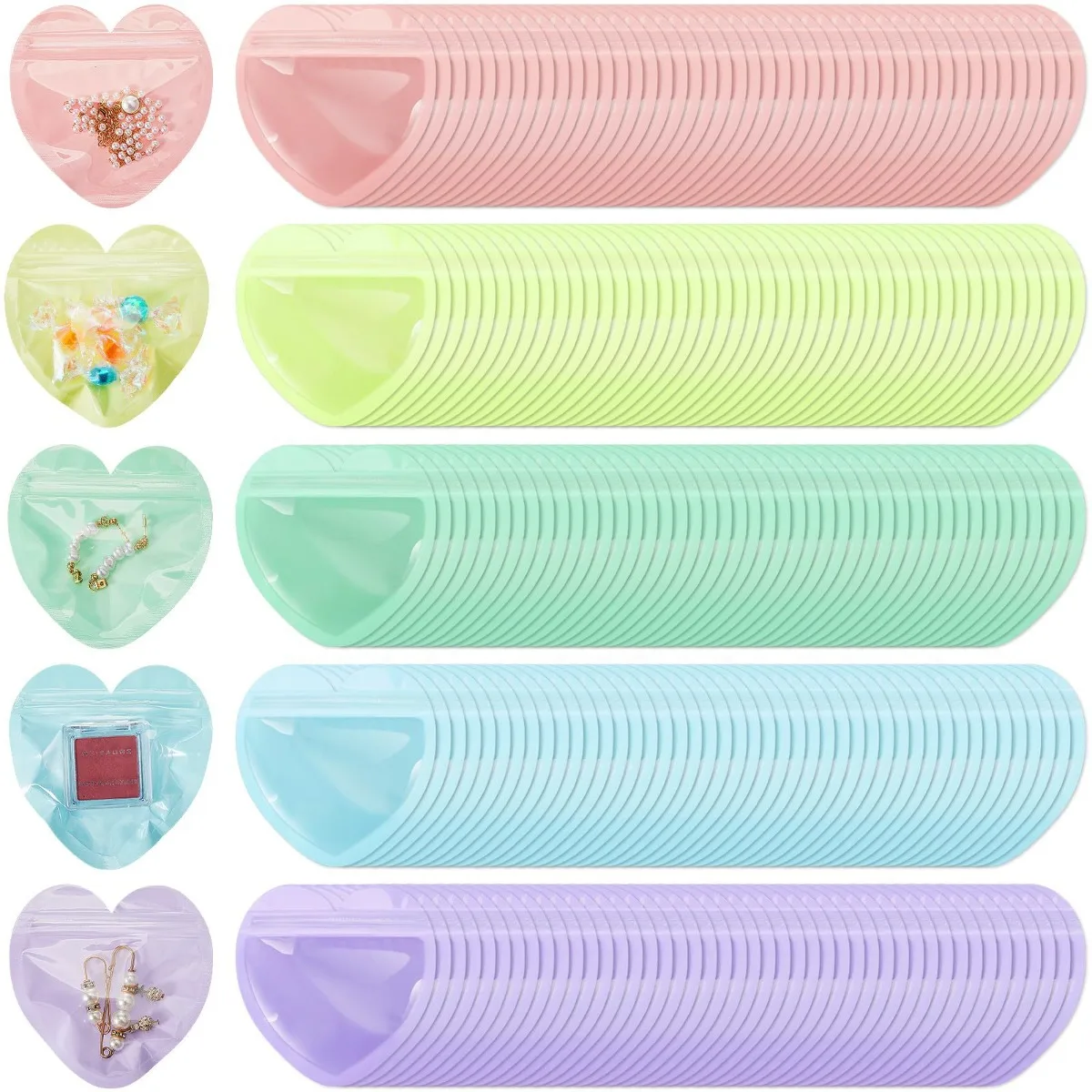 300 Pcs Colorful Heart Shaped Jewelry Bags Resealable Zip with Top Lock Packaging Cute Baggies for Necklace Earring Bracelets