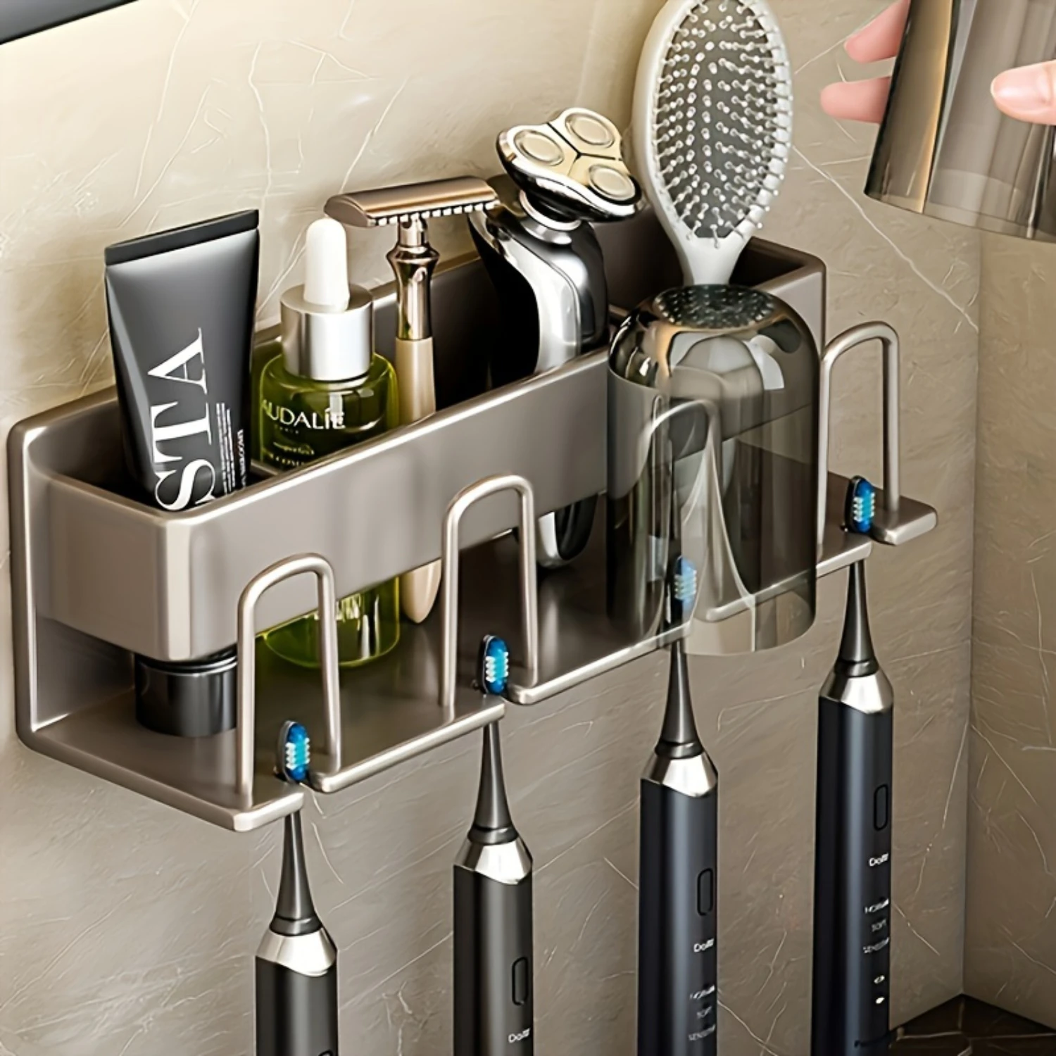 

1pc Classic Aluminum Wall Mounted Toothbrush Holder Plus Rack - Space-Saving Bathroom Organizer for Toothpaste, Toothbrushes &