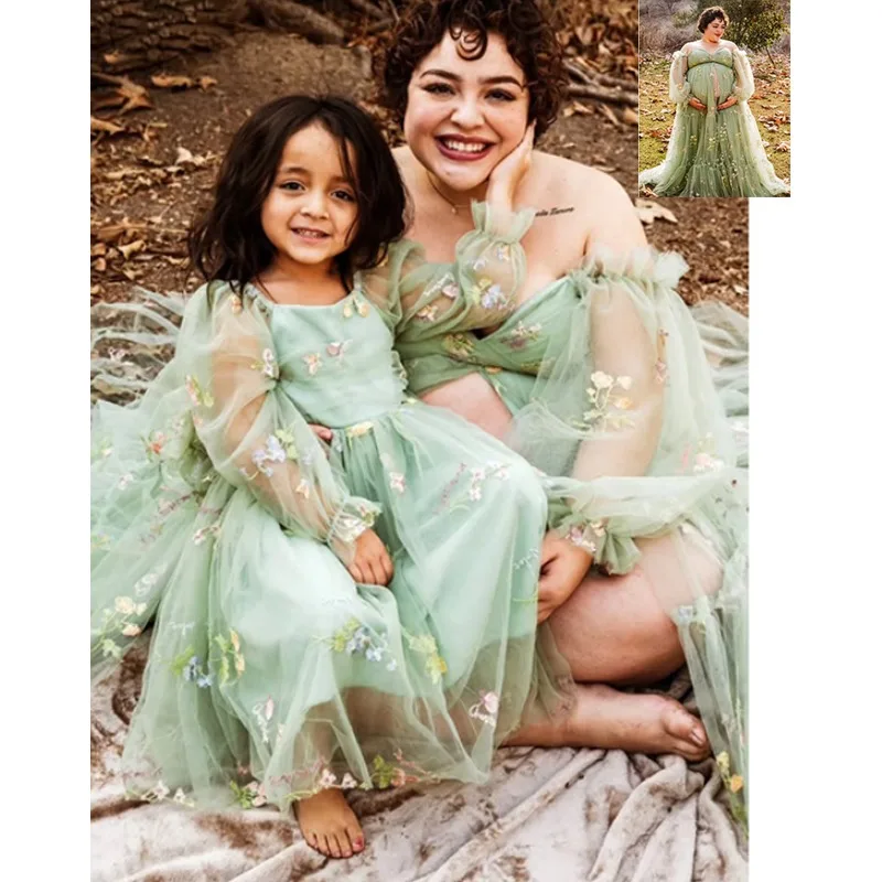 

Embroidery Tulle Maternity Dresses Photoshoot Ruffles Puffy Sleeve Mother and Daughter dress Baby Shower Vestido Maternidad