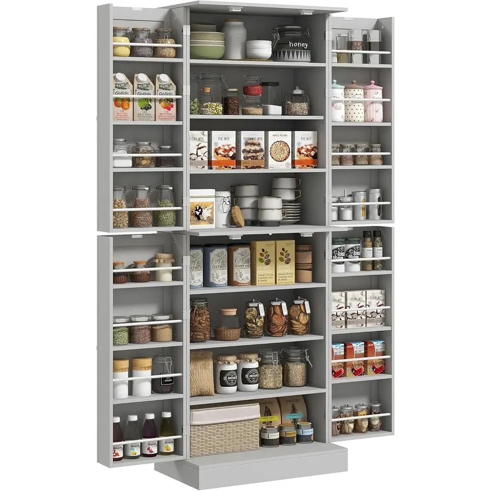 

Высокий отдельностоящий кухонный шкаф 65 дюймов с 16 дверцами-полками, двойными дверцами, 8-уровневым хранением и регулируемыми полками, серый