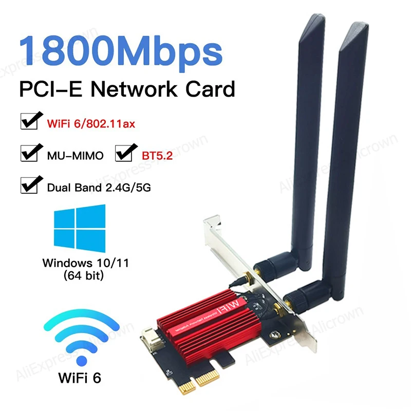 1800Mbps WiFi 6 PCIE WiFi Adapter Wireless Network Card Bluetooth 5.2 Dual-Band 2.4G/5G 802.11AX/AC 1200M For Windows 7/8/10/11