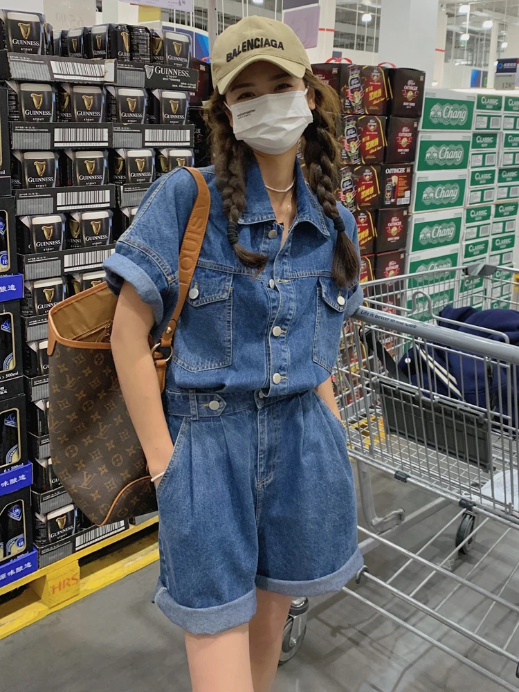 Tuta di jeans a vita alta Set di ort dimagranti da donna Abbigliamento da lavoro Abito estivo casual Miscela di cotone e poliestere di colore profondo