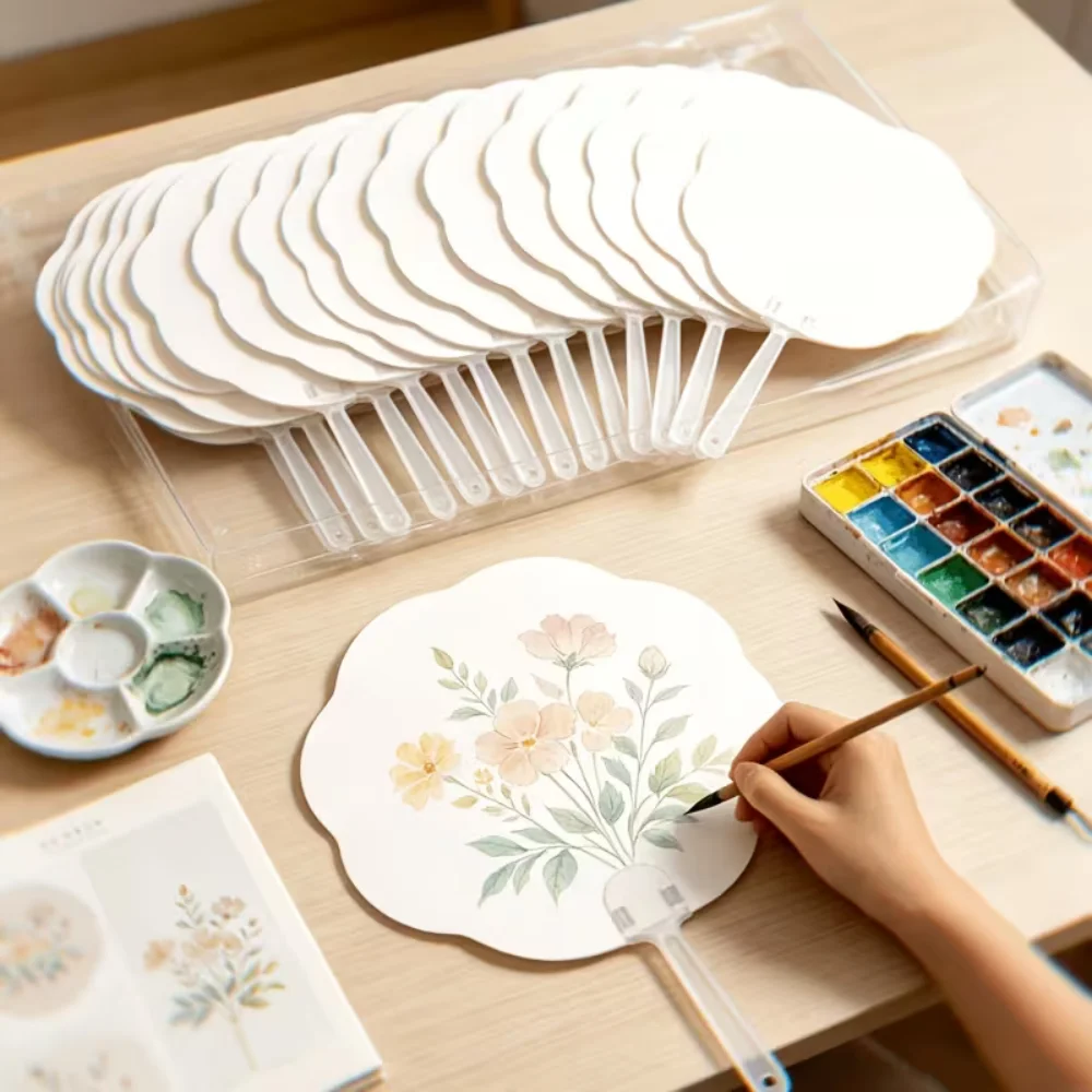 5/10/20pcs Diy White Color Blank Fans Summer Painting Paper Hand Fans Handmade Party Favors Flower Shape