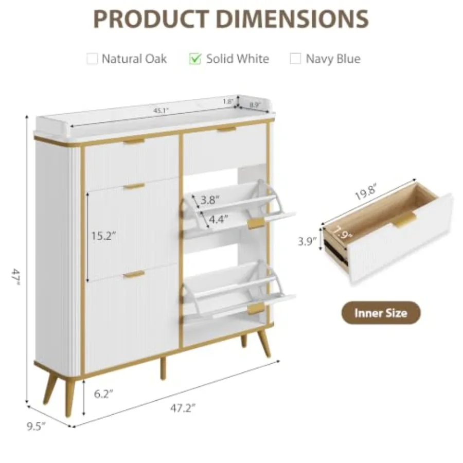 Fluted Shoe Storage Cabinet for Entryway, Hallway, Foyer with Wood Construction, White Color, 4 Flip Drawers + 2 Drawers Adjust